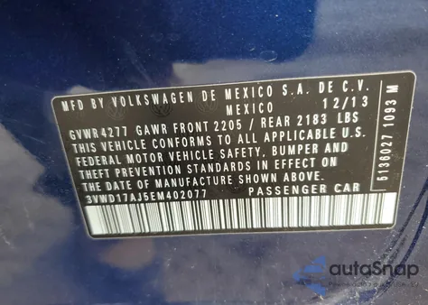 2014 Volkswagen Jetta Se z USA, uszkodzony, nr VIN 3VWD17AJ5EM402077